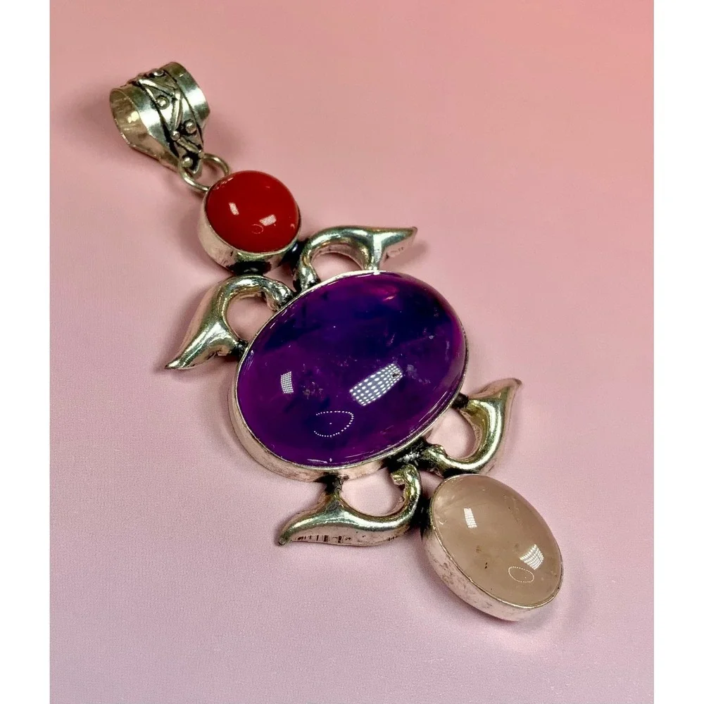 💜❤️🤍 Amethyst Coral & Rose‎ Quartz Statement Pendant Boho Cabochon 🤍❤️💜